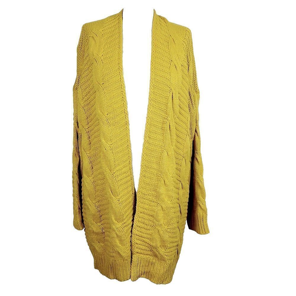 Lara Fashion Open Cardigan Sweater L/XL Mustard Yellow Cable Knit Longline